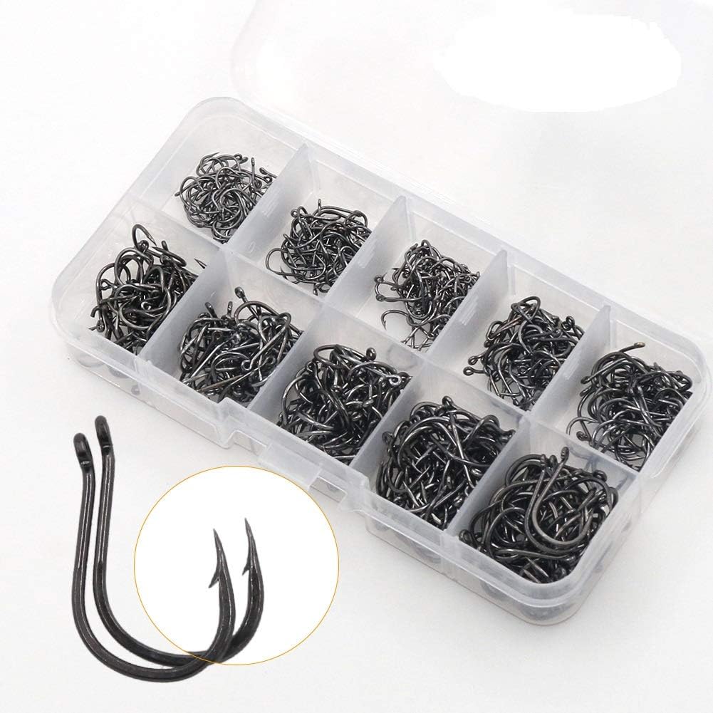 500PCS Small Fishing Hooks, Assorted 10 Sizes(3#-12#) Fish Hooks Portable Plastic Box, Strong Sharp Fishhook with Barbs for Freshwater/Seawater