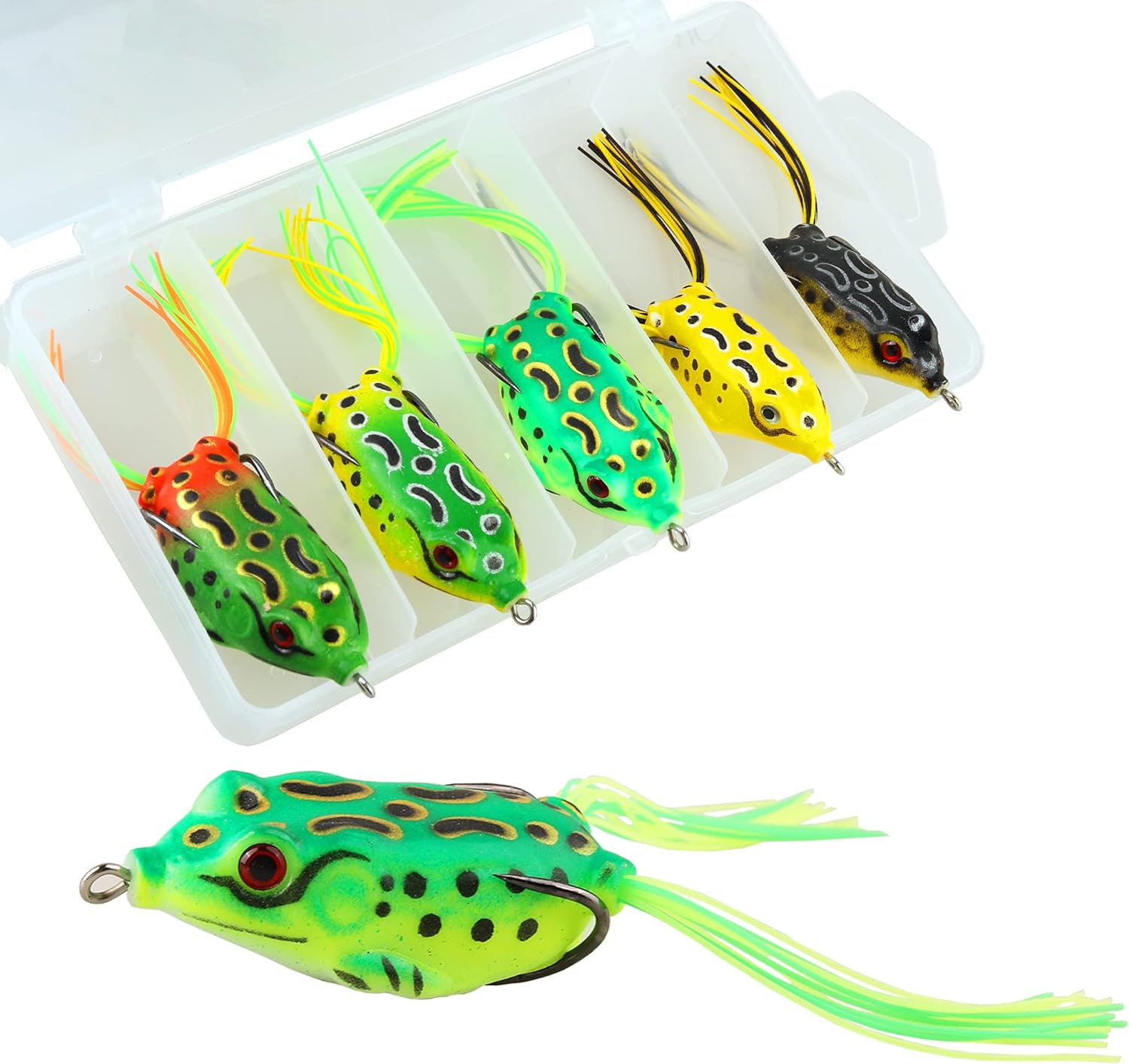 5Pcs Topwater Frog Lures Sets with Bait Box, Frog Lure Topwater Fishing Crankbait Lures, Frog Artificial Soft Bait for Bass Snakehead, Weedless Freshwater Soft Simulated Frog Bait